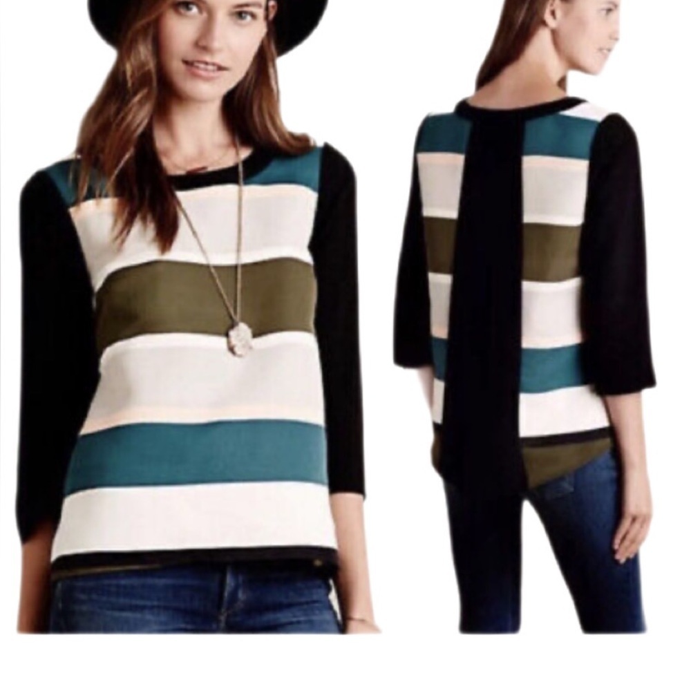 Anthropologie Troubadour Colorblock Striped Back Zip Blouse Size Medium